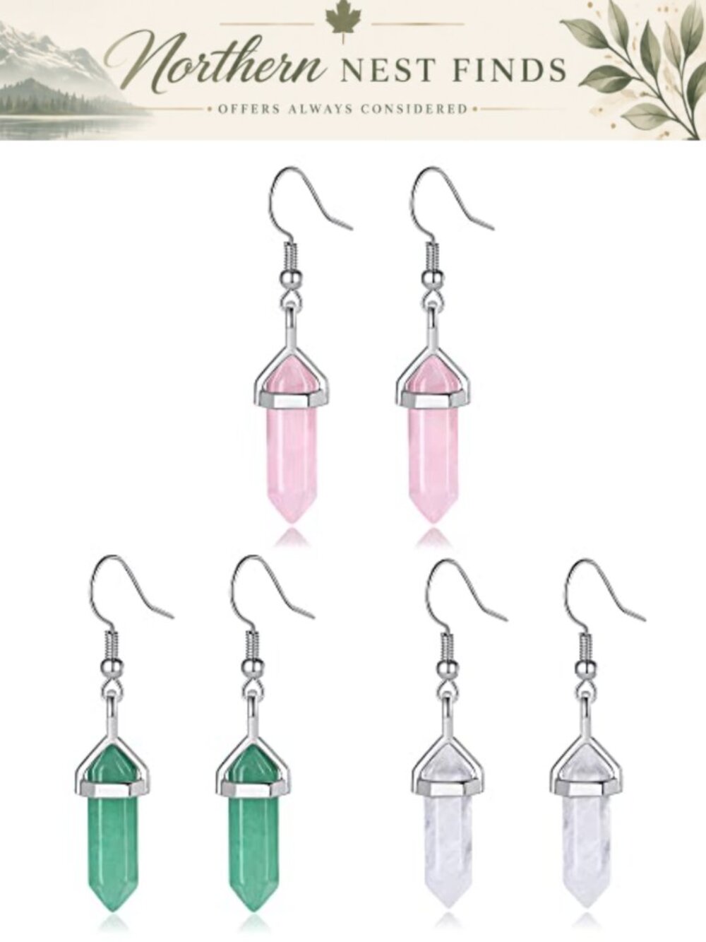 Hexagonal Natural Crystal Dangle Earrings Set Stainless Steel Fish Hook